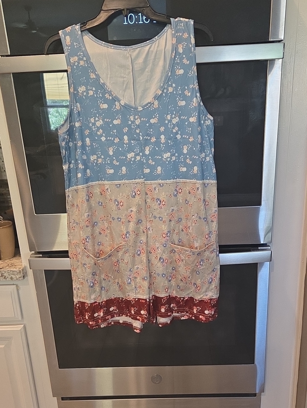 Sleeveless Floral Patchwork Romper In Blue, Cream & Red